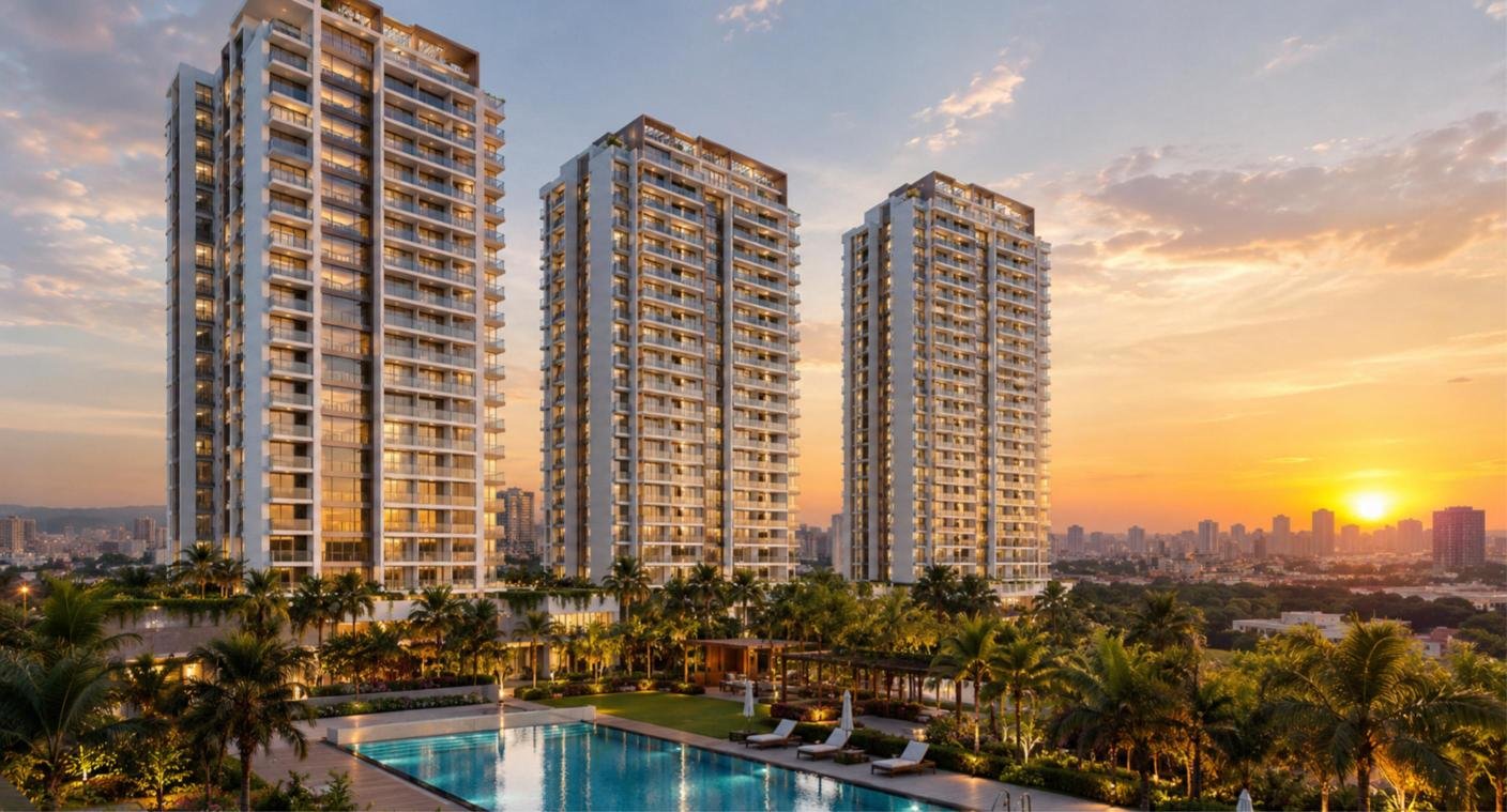 Modern residential high-rise towers at sunset
