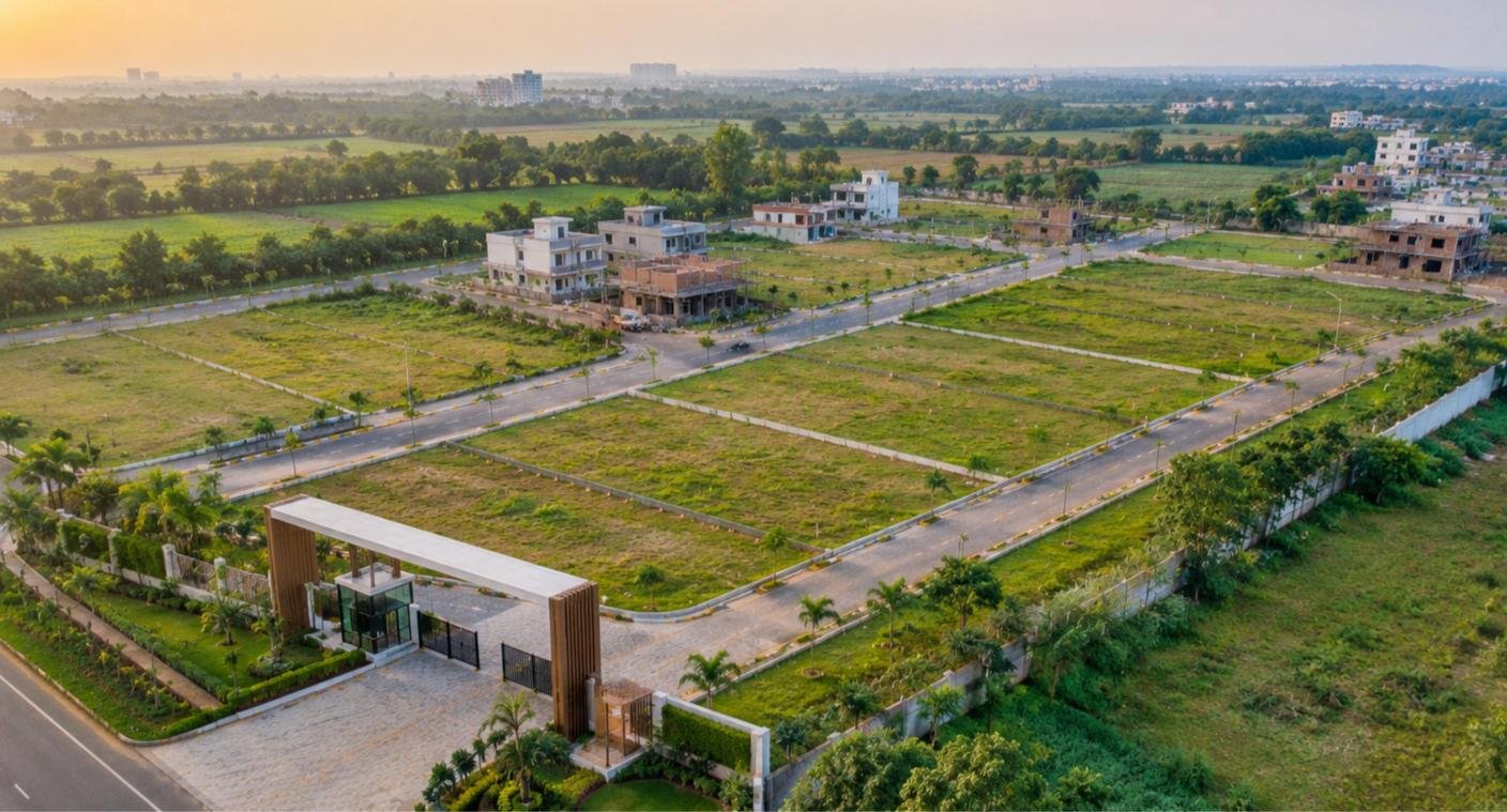 Aerial view of a plotted residential layout with homes and greenery