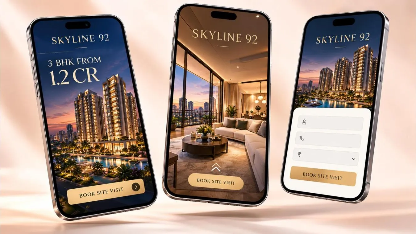 Concept Meta ad creatives for a fictional project called Skyline 92 on three phones