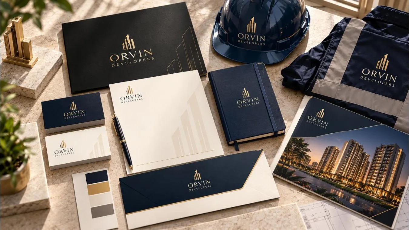 Concept brand identity collateral for a fictional developer called Orvin Developers