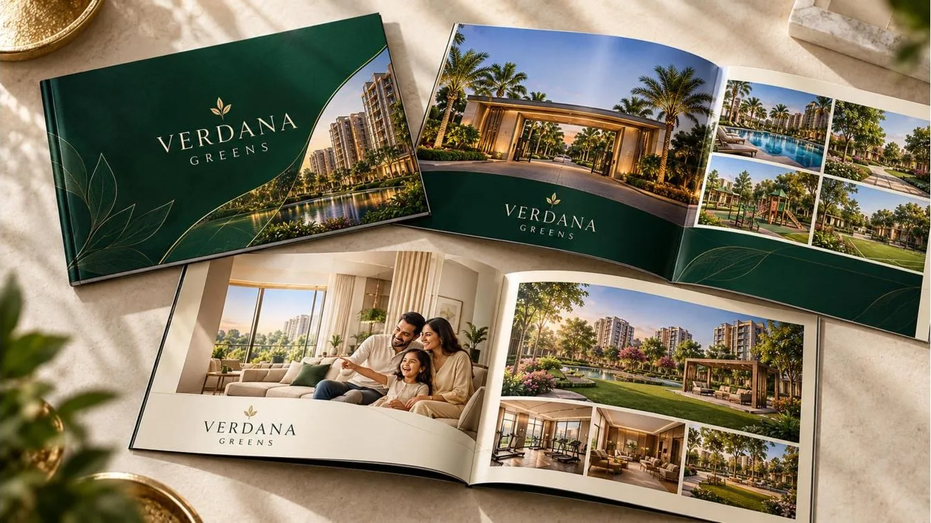Concept printed brochure for a fictional project called Verdana Greens