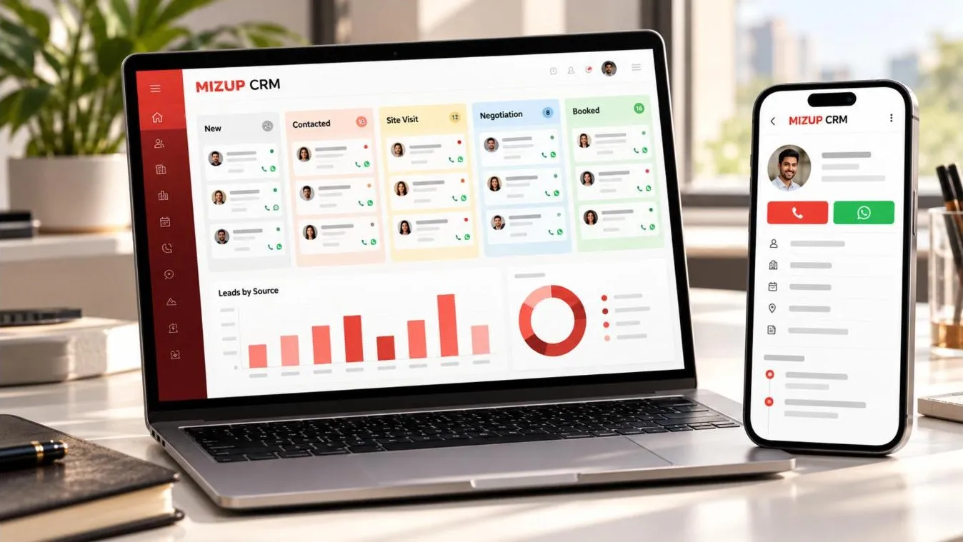 MizUp CRM pipeline dashboard on a laptop with a lead profile on a phone