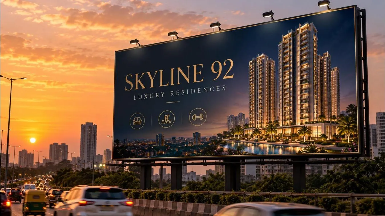 Concept roadside hoarding at sunset for a fictional project called Skyline 92