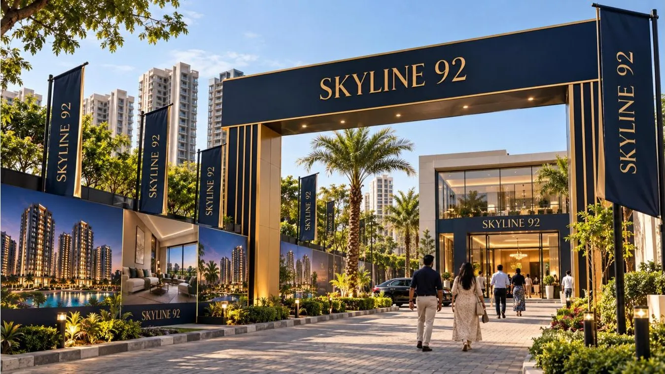 Concept site branding with entrance arch and flags for a fictional project called Skyline 92