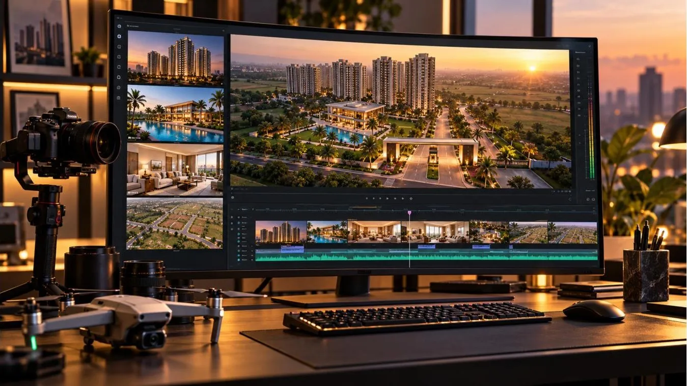 Video editing setup showing a drone aerial film of a gated township