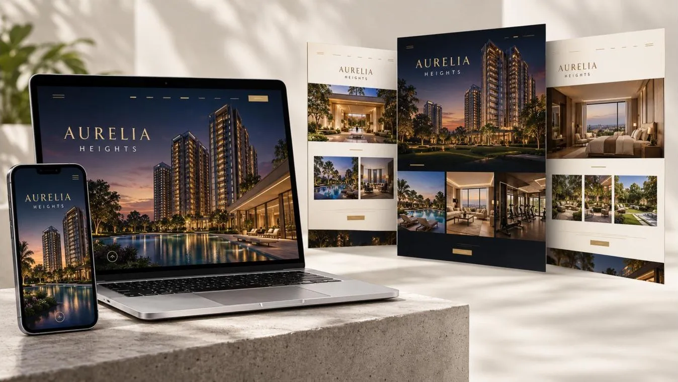 Concept project website for a fictional tower called Aurelia Heights on a laptop and phone