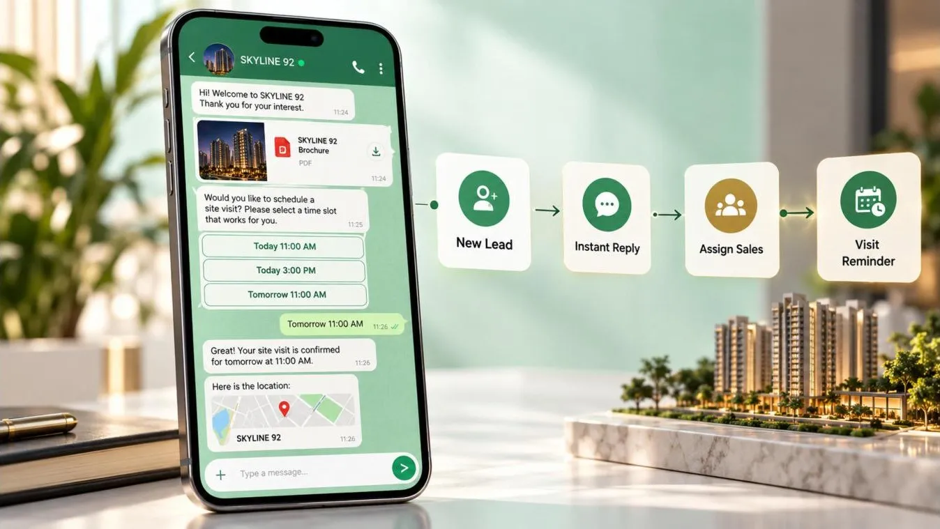 WhatsApp automation flow for a fictional project: new lead, instant reply, assign sales, visit reminder