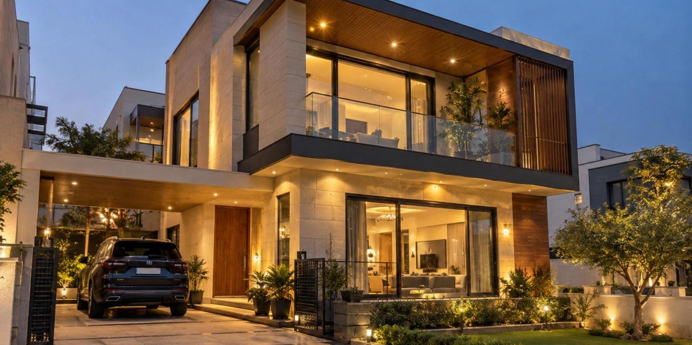 Modern independent villa lit up at dusk